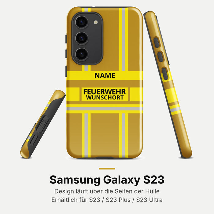 Feuerwehr Handyhülle Samsung® Hardcase Gold/Gelb mit Name und Wunschort – Samsung Galaxy S23 / S23 Plus / S23 Ultra
