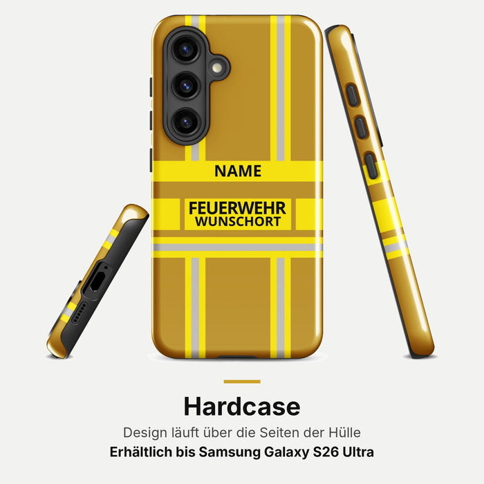 Feuerwehr Handyhülle Samsung® Hardcase Gold/Gelb mit Name und Wunschort – Samsung Galaxy S24 / S24 Plus / S24 Ultra