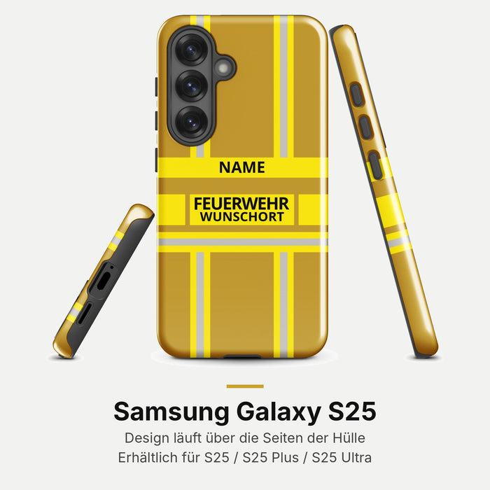 Feuerwehr Handyhülle Samsung® Hardcase Gold/Gelb mit Name und Wunschort – Samsung Galaxy S25 / S25 Plus / S25 Ultra