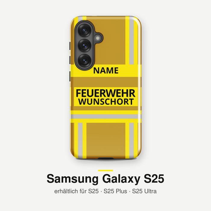 Feuerwehr Handyhülle Samsung® Hardcase Gold/Gelb mit Name und Wunschort – Samsung Galaxy S25 / S25 Plus / S25 Ultra