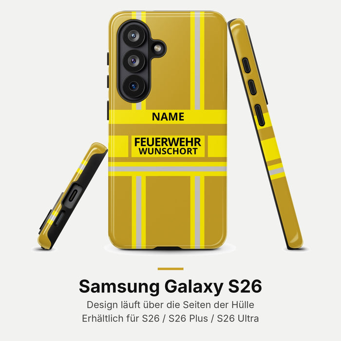 Feuerwehr Handyhülle Samsung® Hardcase Gold/Gelb mit Name und Wunschort – Samsung Galaxy S26 / S26 Plus / S26 Ultra
