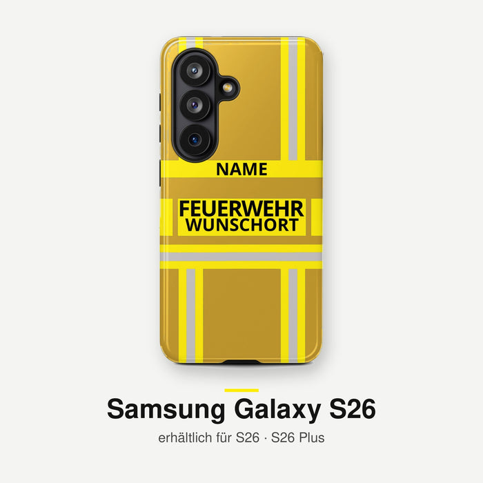 Feuerwehr Handyhülle Samsung® Hardcase Gold/Gelb mit Name und Wunschort – Samsung Galaxy S26 / S26 Plus
