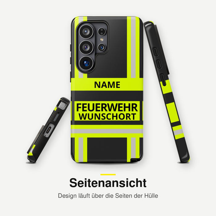 Feuerwehr Handyhülle Samsung® Hardcase Schwarz/Leuchtgelb mit Name und Wunschort – Seitenansicht