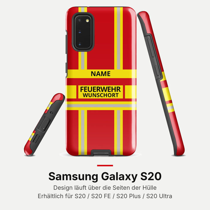 Feuerwehr Handyhülle Samsung® Hardcase Rot/Gelb mit Name und Wunschort – Samsung Galaxy S20 / S20 FE / S20 Plus / S20 Ultra