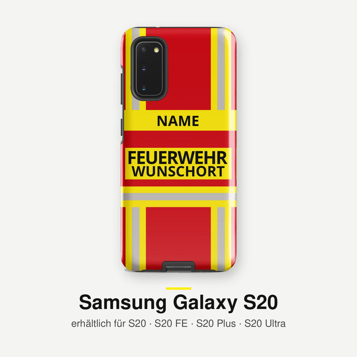 Feuerwehr Handyhülle Samsung® Hardcase Rot/Gelb mit Name und Wunschort – Samsung Galaxy S20 / S20 FE / S20 Plus / S20 Ultra