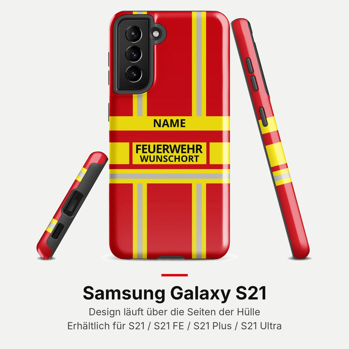 Feuerwehr Handyhülle Samsung® Hardcase Rot/Gelb mit Name und Wunschort – Samsung Galaxy S21 / S21 FE / S21 Plus / S21 Ultra