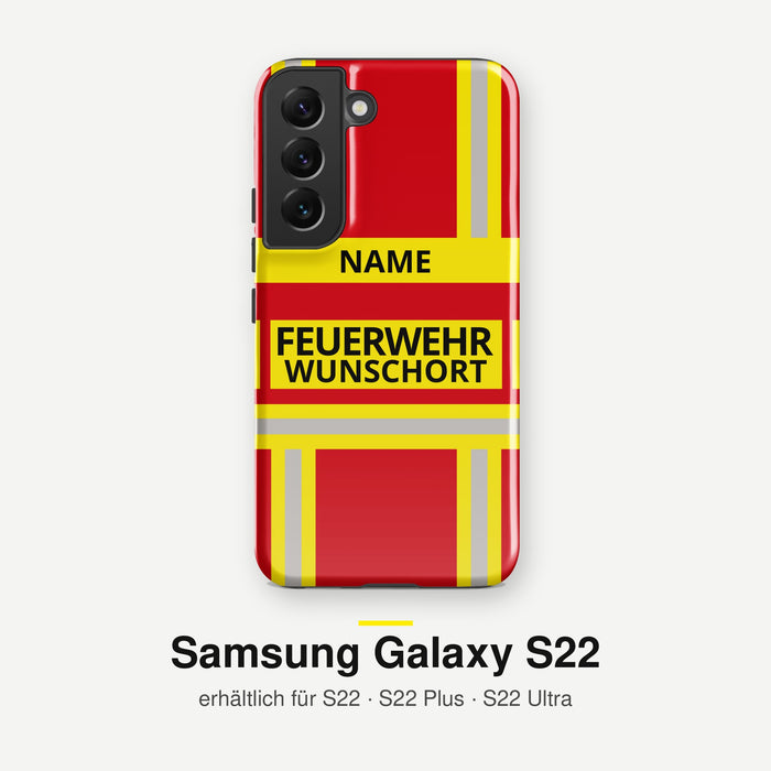 Feuerwehr Handyhülle Samsung® Hardcase Rot/Gelb mit Name und Wunschort – Samsung Galaxy S22 / S22 Plus / S22 Ultra