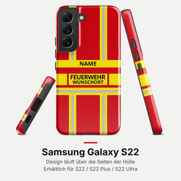 Feuerwehr Handyhülle Samsung® Hardcase Rot/Gelb mit Name und Wunschort – Samsung Galaxy S22 / S22 Plus / S22 Ultra