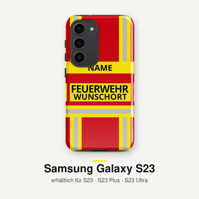 Feuerwehr Handyhülle Samsung® Hardcase Rot/Gelb mit Name und Wunschort – Samsung Galaxy S23 / S23 Plus / S23 Ultra