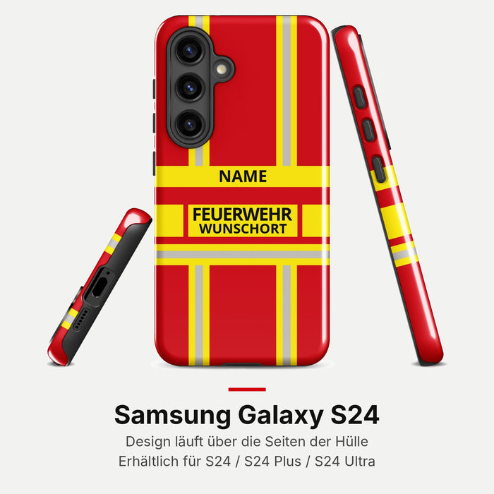 Feuerwehr Handyhülle Samsung® Hardcase Rot/Gelb mit Name und Wunschort – Samsung Galaxy S24 / S24 Plus / S24 Ultra
