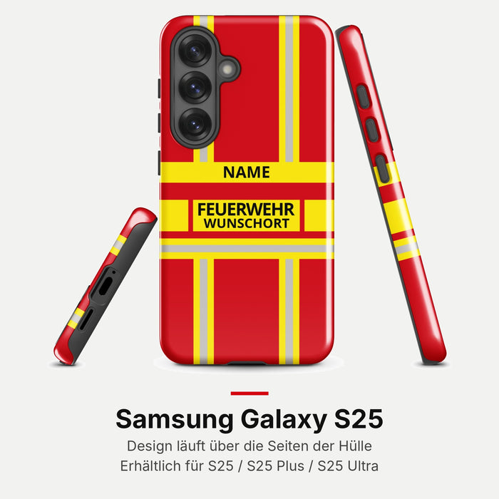 Feuerwehr Handyhülle Samsung® Hardcase Rot/Gelb mit Name und Wunschort – Samsung Galaxy S25 / S25 Plus / S25 Ultra