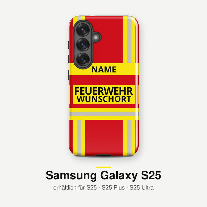Feuerwehr Handyhülle Samsung® Hardcase Rot/Gelb mit Name und Wunschort – Samsung Galaxy S25 / S25 Plus / S25 Ultra