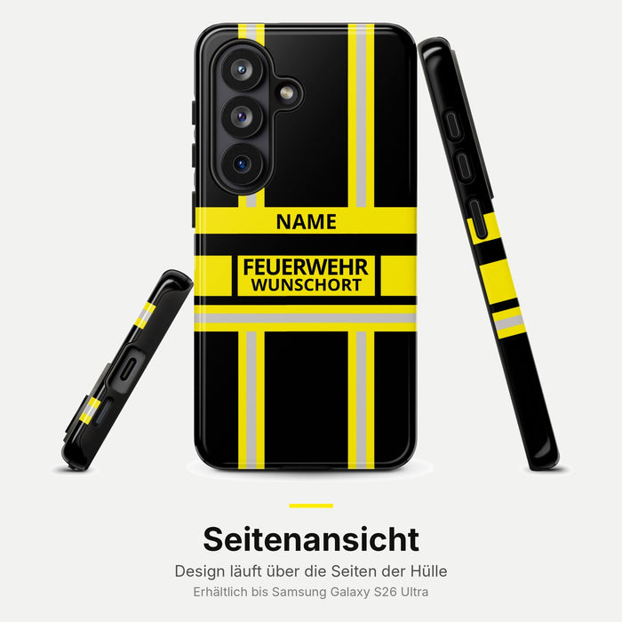 Feuerwehr Handyhülle Samsung® Hardcase Schwarz/Gelb mit Name und Wunschort – Seitenansicht