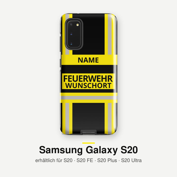 Feuerwehr Handyhülle Samsung® Hardcase Schwarz/Gelb mit Name und Wunschort – Samsung Galaxy S20 / S20 FE / S20 Plus / S20 Ultra