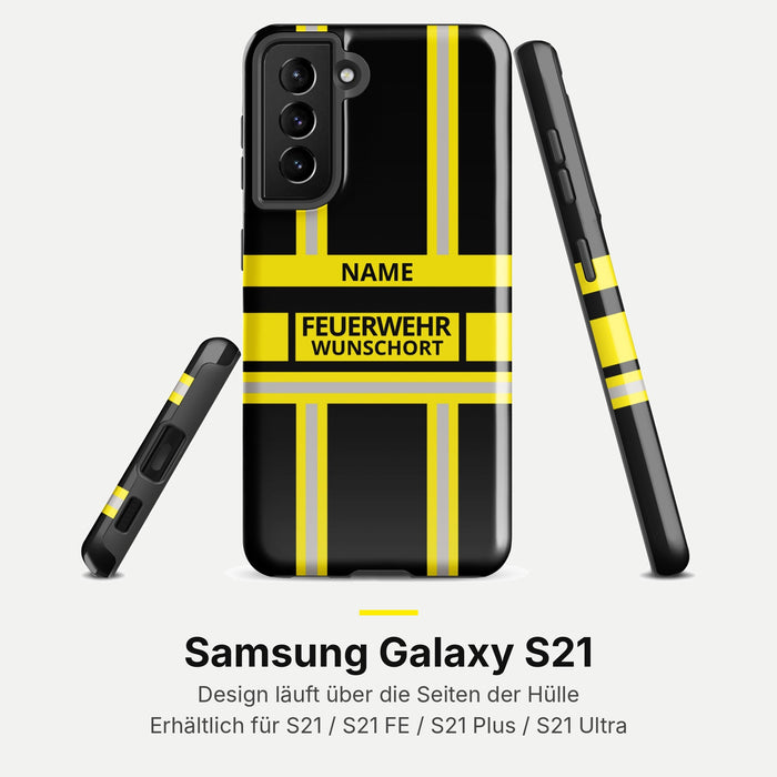 Feuerwehr Handyhülle Samsung® Hardcase Schwarz/Gelb mit Name und Wunschort – Samsung Galaxy S21 / S21 FE / S21 Plus / S21 Ultra