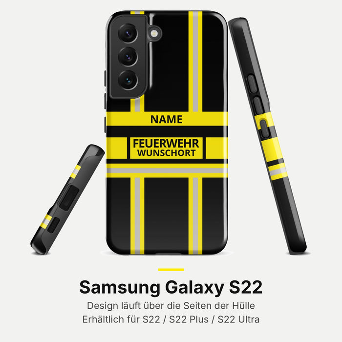 Feuerwehr Handyhülle Samsung® Hardcase Schwarz/Gelb mit Name und Wunschort – Samsung Galaxy S22 / S22 Plus / S22 Ultra
