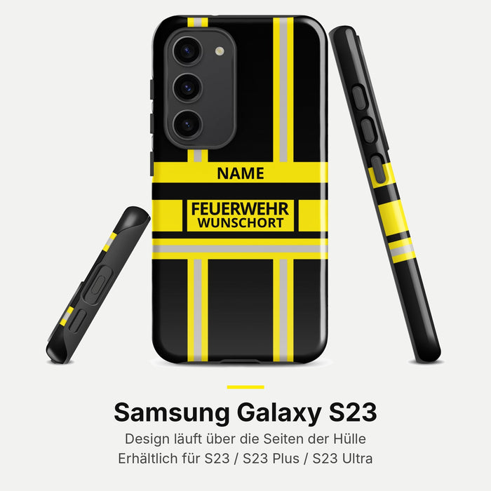 Feuerwehr Handyhülle Samsung® Hardcase Schwarz/Gelb mit Name und Wunschort – Samsung Galaxy S23 / S23 Plus / S23 Ultra