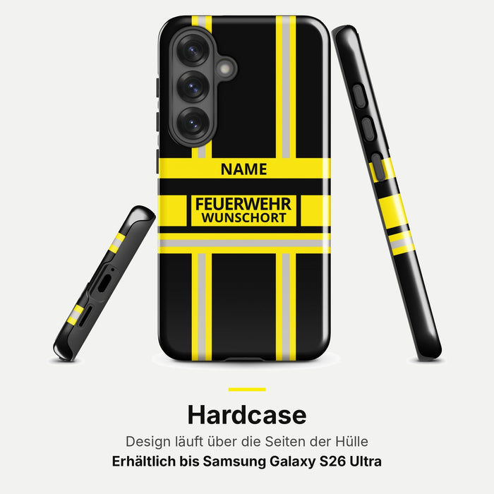Feuerwehr Handyhülle Samsung® Hardcase Schwarz/Gelb mit Name und Wunschort – Samsung Galaxy S25 / S25 Plus / S25 Ultra