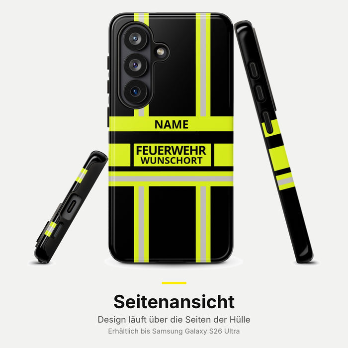 Feuerwehr Handyhülle Samsung® Hardcase Schwarz/Leuchtgelb mit Name und Wunschort – Seitenansicht