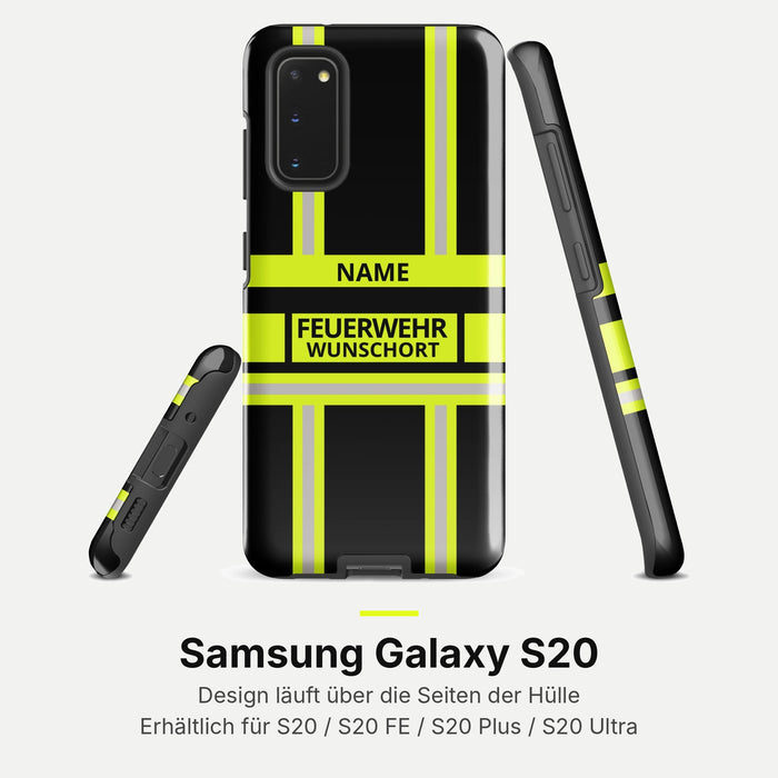 Feuerwehr Handyhülle Samsung® Hardcase Schwarz/Leuchtgelb mit Name und Wunschort – Samsung Galaxy S20 / S20 FE / S20 Plus / S20 Ultra