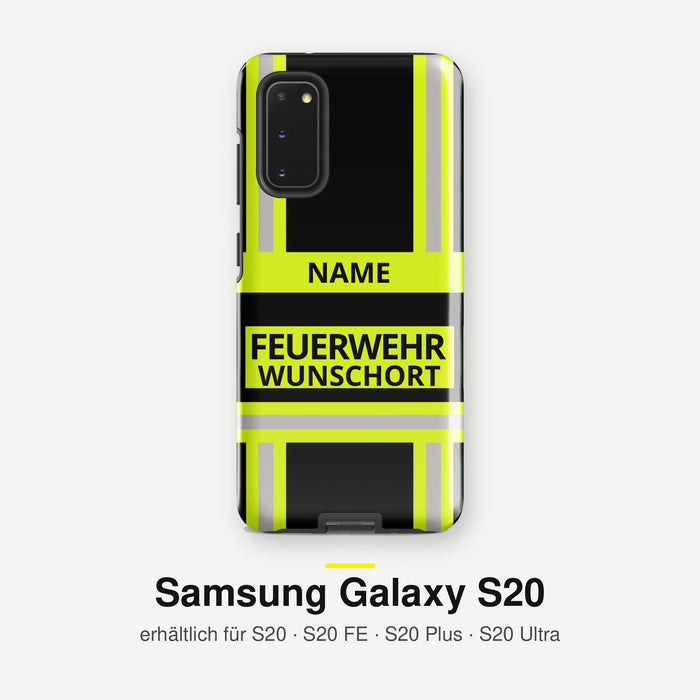 Feuerwehr Handyhülle Samsung® Hardcase Schwarz/Leuchtgelb mit Name und Wunschort – Samsung Galaxy S20 / S20 FE / S20 Plus / S20 Ultra