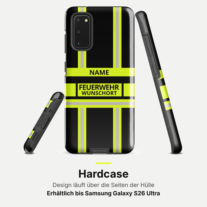 Feuerwehr Handyhülle Samsung® Hardcase Schwarz/Leuchtgelb mit Name und Wunschort – Samsung Galaxy S20 / S20 FE / S20 Plus / S20 Ultra