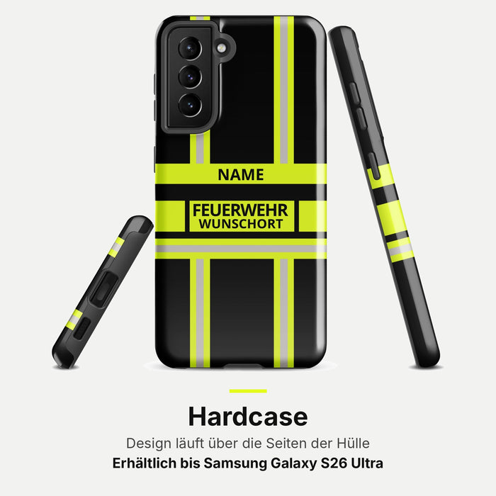 Feuerwehr Handyhülle Samsung® Hardcase Schwarz/Leuchtgelb mit Name und Wunschort – Samsung Galaxy S21 / S21 FE / S21 Plus / S21 Ultra