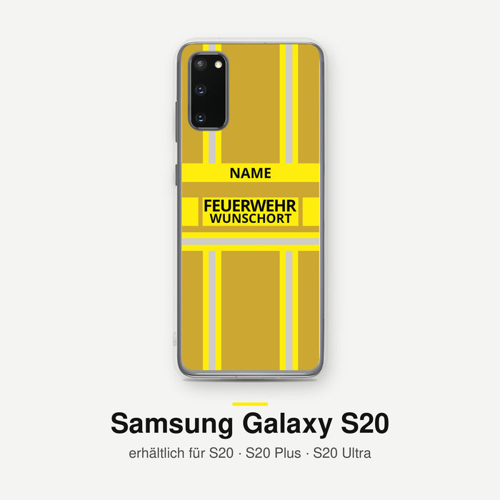 Feuerwehr Handyhülle Samsung® Transparent Gold/Gelb mit Name und Wunschort – Samsung Galaxy S20 / S20 Plus / S20 Ultra