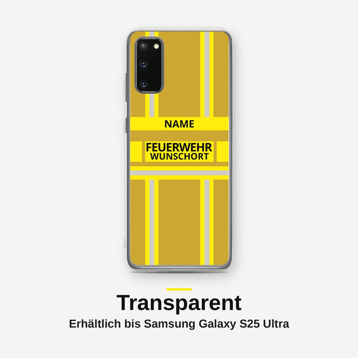 Feuerwehr Handyhülle Samsung® Transparent Gold/Gelb mit Name und Wunschort – Samsung Galaxy S20 / S20 Plus / S20 Ultra