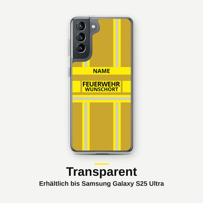 Feuerwehr Handyhülle Samsung® Transparent Gold/Gelb mit Name und Wunschort – Samsung Galaxy S21 / S21 Plus / S21 Ultra
