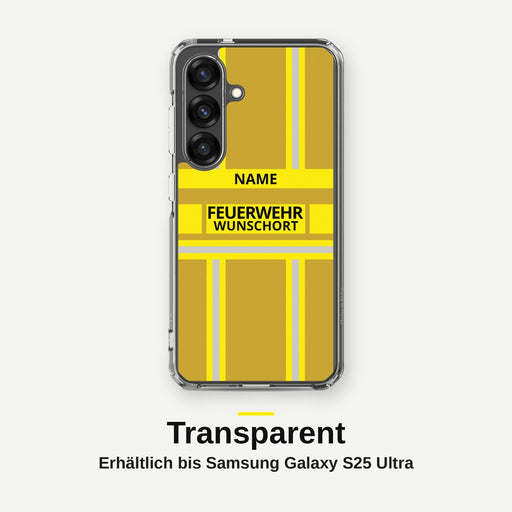 Feuerwehr Handyhülle Samsung® Transparent Gold/Gelb mit Name und Wunschort – Samsung Galaxy S25 / S25 Plus / S25 Ultra