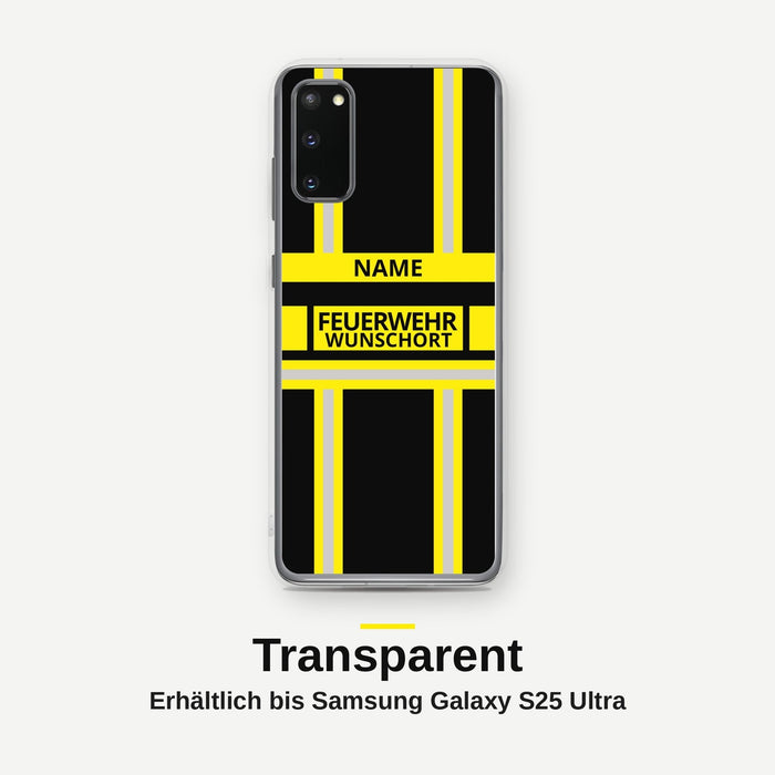 Feuerwehr Handyhülle Samsung® Transparent Schwarz/Gelb mit Name und Wunschort – Samsung Galaxy S20 / S20 Plus / S20 Ultra