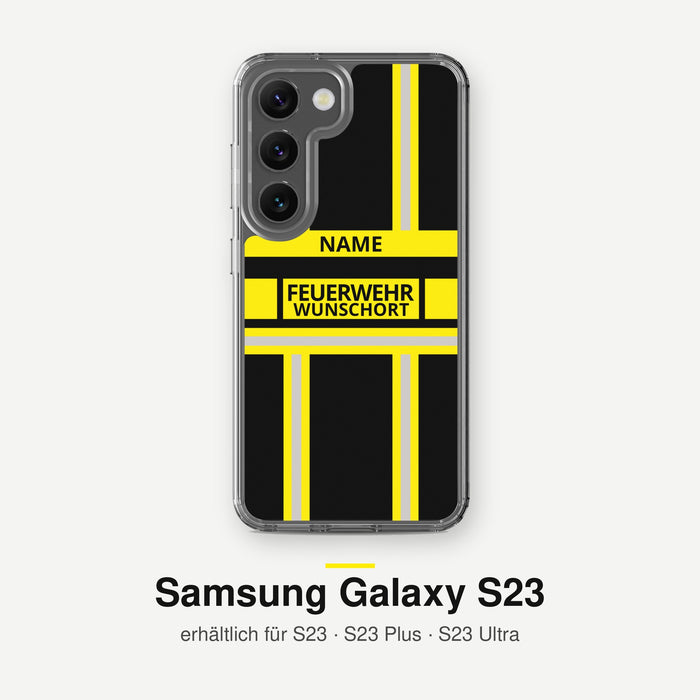Feuerwehr Handyhülle Samsung® Transparent Schwarz/Gelb mit Name und Wunschort – Samsung Galaxy S23 / S23 Plus / S23 Ultra