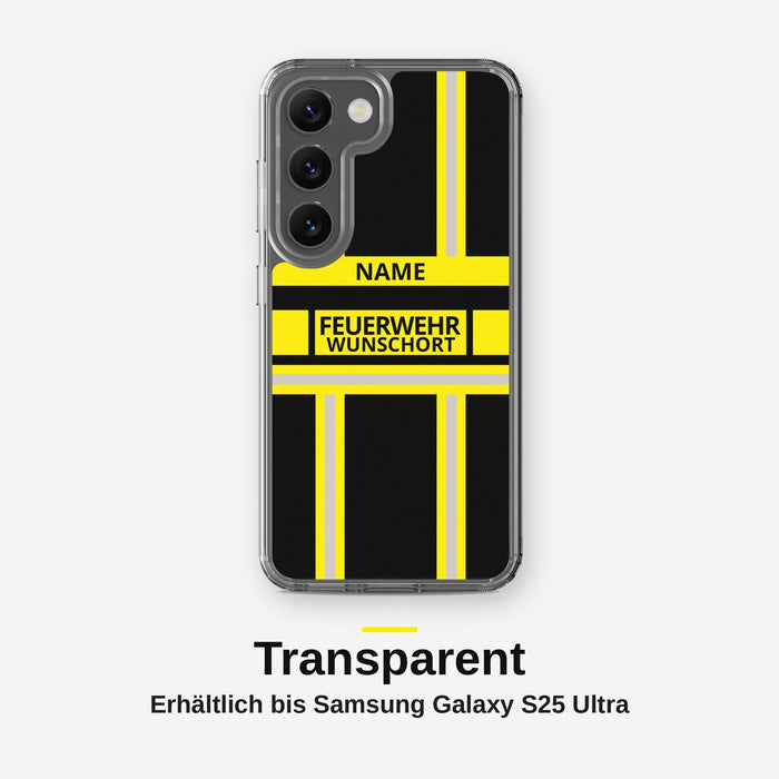 Feuerwehr Handyhülle Samsung® Transparent Schwarz/Gelb mit Name und Wunschort – Samsung Galaxy S23 / S23 Plus / S23 Ultra