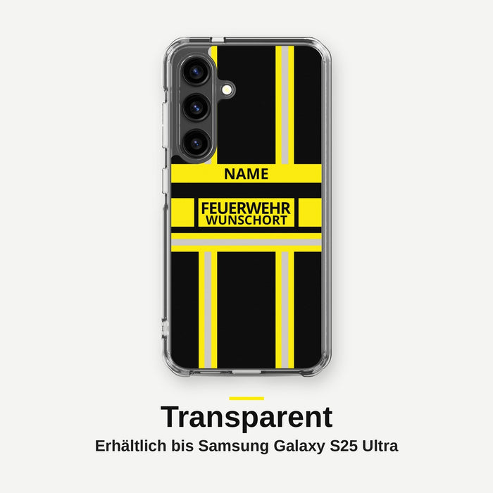 Feuerwehr Handyhülle Samsung® Transparent Schwarz/Gelb mit Name und Wunschort – Samsung Galaxy S24 / S24 Plus / S24 Ultra