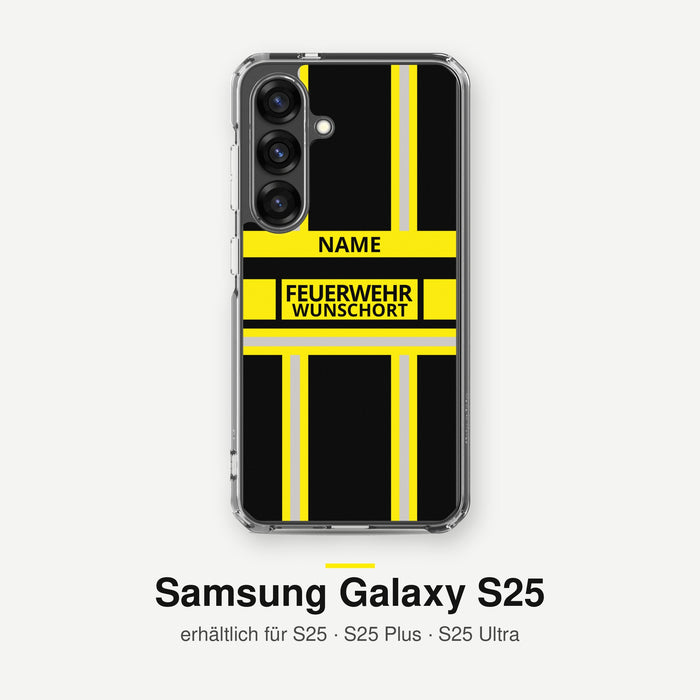 Feuerwehr Handyhülle Samsung® Transparent Schwarz/Gelb mit Name und Wunschort – Samsung Galaxy S25 / S25 Plus / S25 Ultra