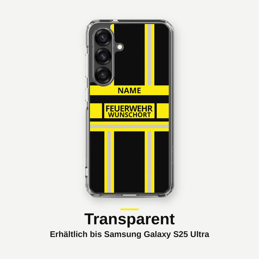 Feuerwehr Handyhülle Samsung® Transparent Schwarz/Gelb mit Name und Wunschort – Samsung Galaxy S25 / S25 Plus / S25 Ultra