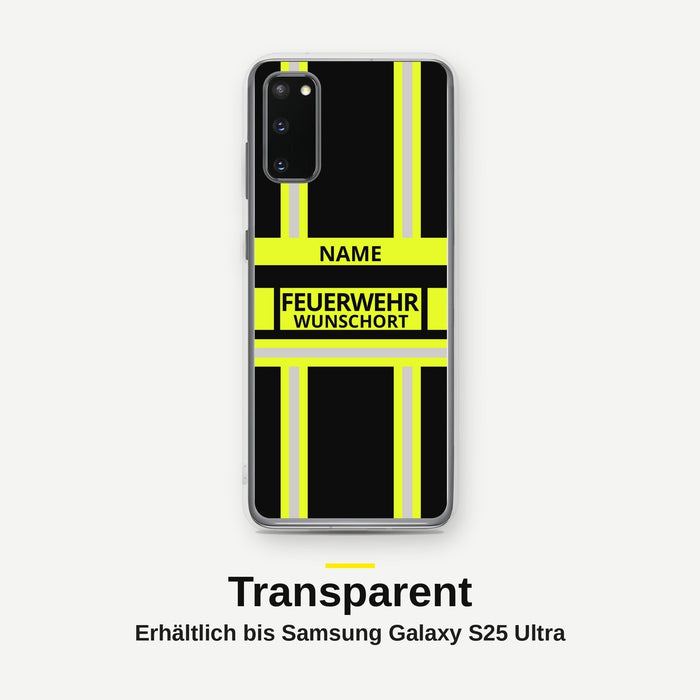 Feuerwehr Handyhülle Samsung® Transparent Schwarz/Leuchtgelb mit Name und Wunschort – Samsung Galaxy S20 / S20 Plus / S20 Ultra
