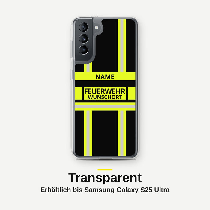Feuerwehr Handyhülle Samsung® Transparent Schwarz/Leuchtgelb mit Name und Wunschort – Samsung Galaxy S21 / S21 Plus / S21 Ultra
