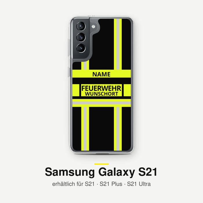 Feuerwehr Handyhülle Samsung® Transparent Schwarz/Leuchtgelb mit Name und Wunschort – Samsung Galaxy S21 / S21 Plus / S21 Ultra