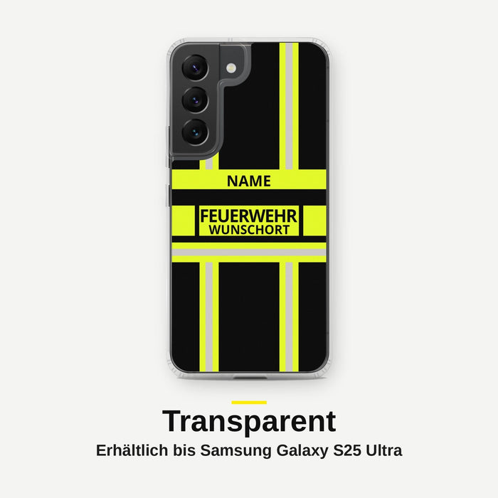 Feuerwehr Handyhülle Samsung® Transparent Schwarz/Leuchtgelb mit Name und Wunschort – Samsung Galaxy S22 / S22 Plus / S22 Ultra