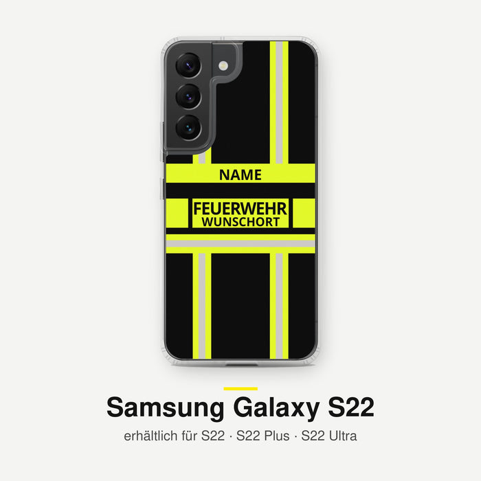 Feuerwehr Handyhülle Samsung® Transparent Schwarz/Leuchtgelb mit Name und Wunschort – Samsung Galaxy S22 / S22 Plus / S22 Ultra