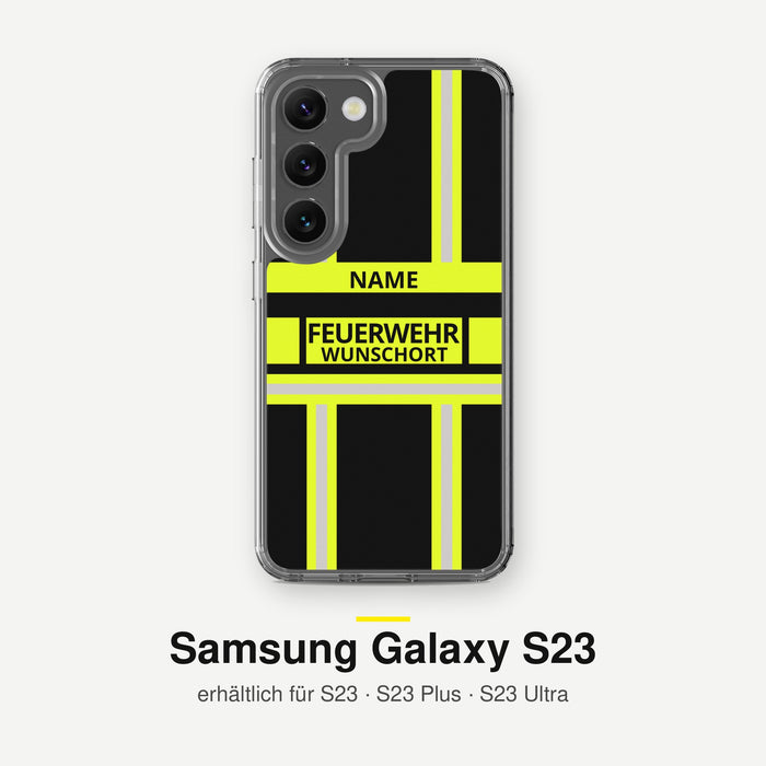Feuerwehr Handyhülle Samsung® Transparent Schwarz/Leuchtgelb mit Name und Wunschort – Samsung Galaxy S23 / S23 Plus / S23 Ultra