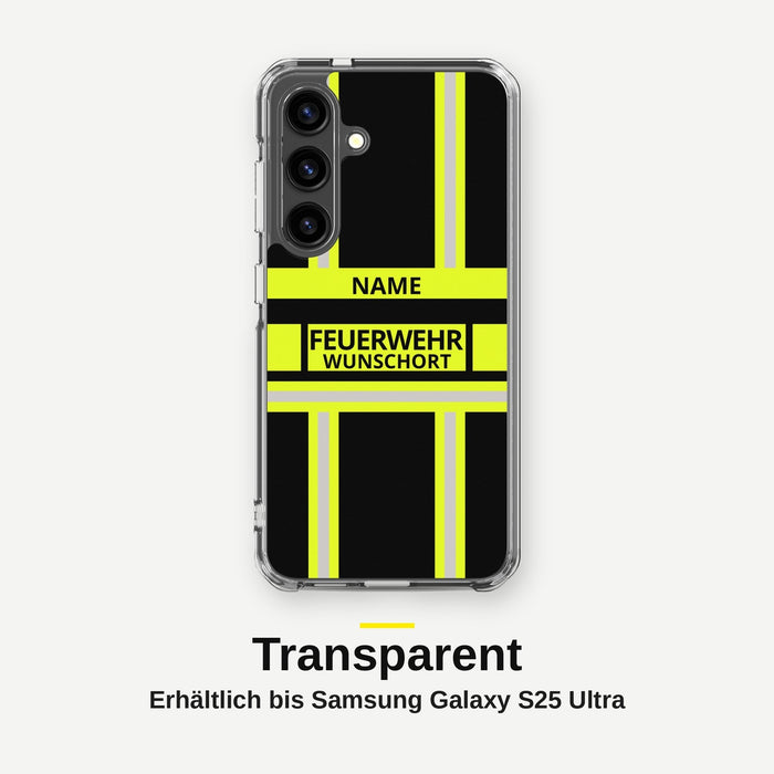 Feuerwehr Handyhülle Samsung® Transparent Schwarz/Leuchtgelb mit Name und Wunschort – Samsung Galaxy S24 / S24 Plus / S24 Ultra