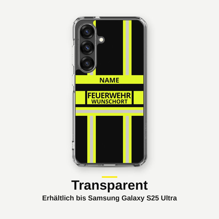 Feuerwehr Handyhülle Samsung® Transparent Schwarz/Leuchtgelb mit Name und Wunschort – Samsung Galaxy S25 / S25 Plus / S25 Ultra