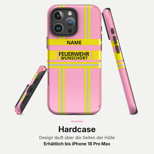 Feuerwehr Handyhülle iPhone Hardcase – Rosa/Gelb – personalisierbar mit Name und Wunschort