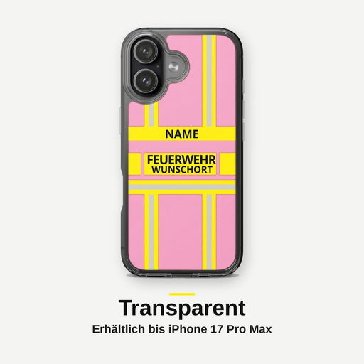 Feuerwehr Handyhülle iPhone Transparent – Rosa/Gelb – personalisierbar mit Name und Wunschort