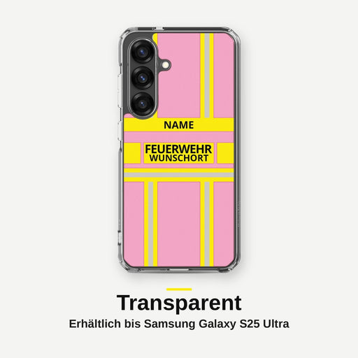 Feuerwehr Handyhülle Samsung Transparent – Rosa/Gelb – personalisierbar mit Name und Wunschort