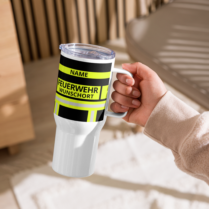 Feuerwehr Thermobecher – Personalisiert mit Name & Wunschort (Schwarz/Leuchtgelb) – Bild 1