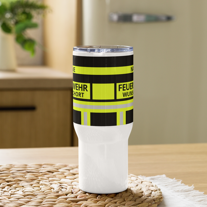 Feuerwehr Thermobecher – Personalisiert mit Name & Wunschort (Schwarz/Leuchtgelb) – Bild 2